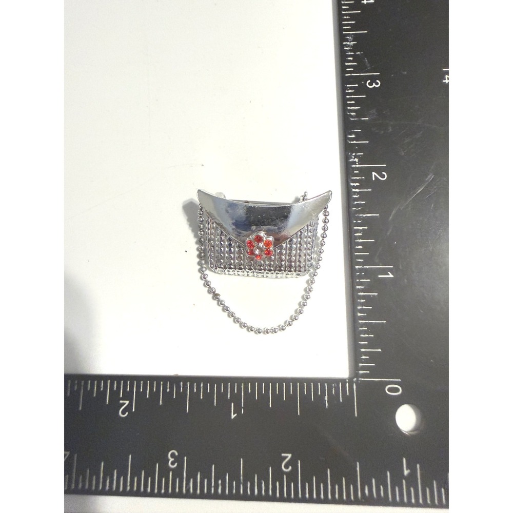 Vintage Gerrys Silver Tone Handbag‎ Brooch Red Rhinestone Flower Purse Pin